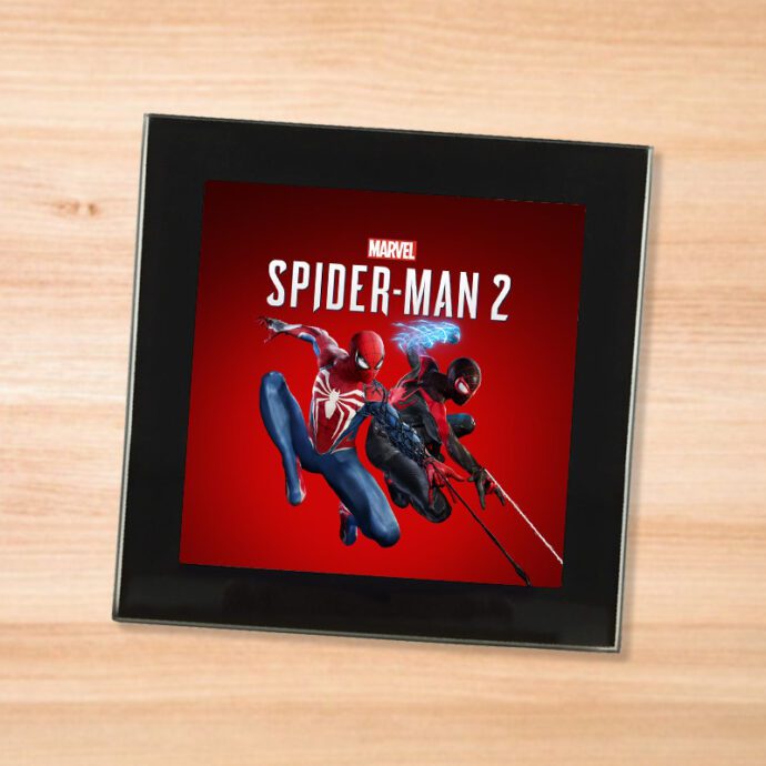 Black glass Spider-Man 2 coaster on a wood table