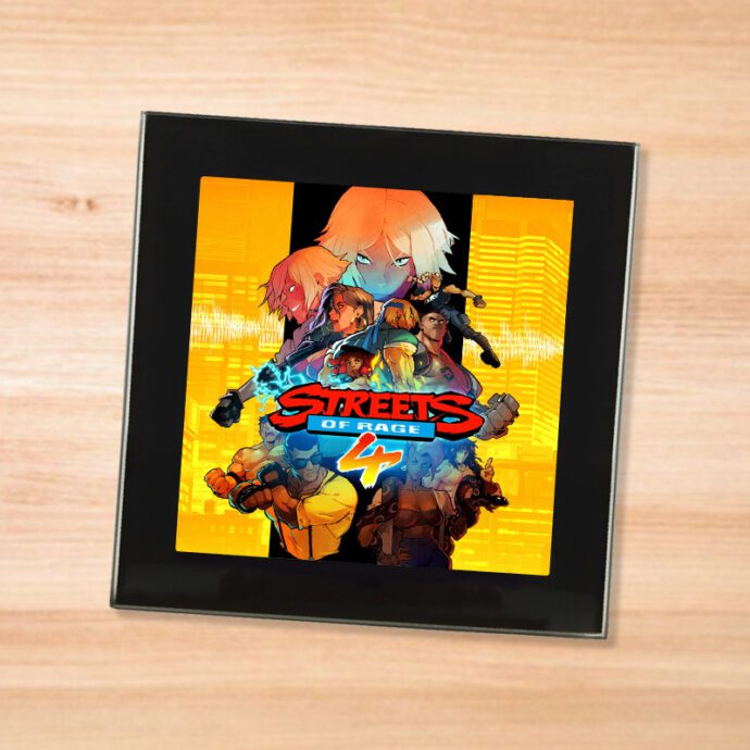 Black glass Streets of Rage 4 coaster on a wood table