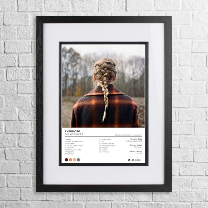A4 custom design poster of Taylor Swift - Evermore in a black, dual-aspect frame