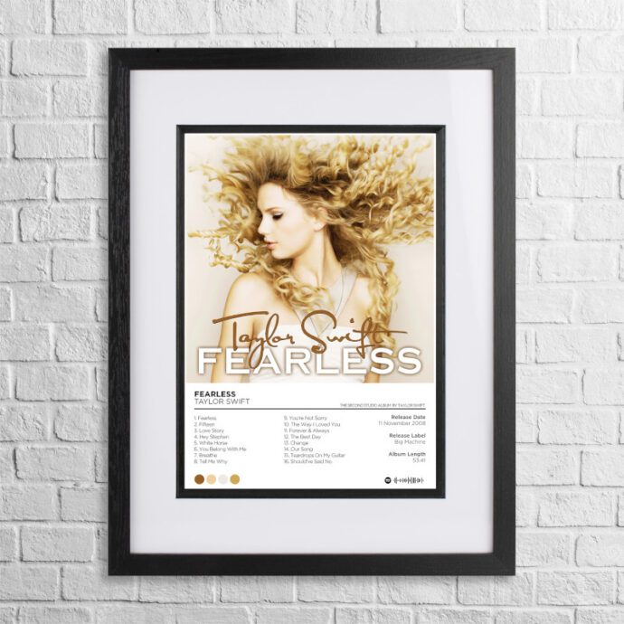 A4 custom design poster of Taylor Swift - Fearless in a black, dual-aspect frame