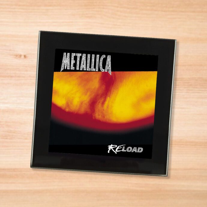 Black glass Metallica - Reload coaster on a wood table