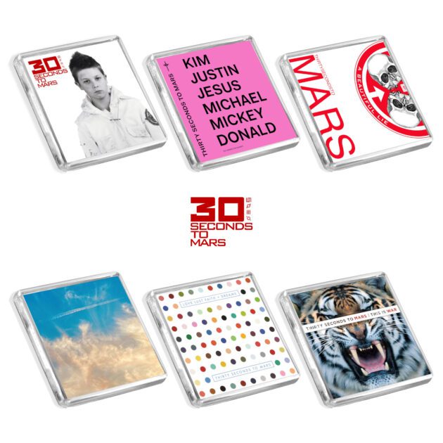 30 Seconds To Mars fridge magnet collection on a white background