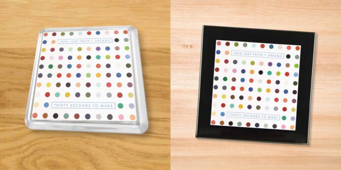 30 Seconds To Mars - Love Lust Faith Dreams coasters on a wood table