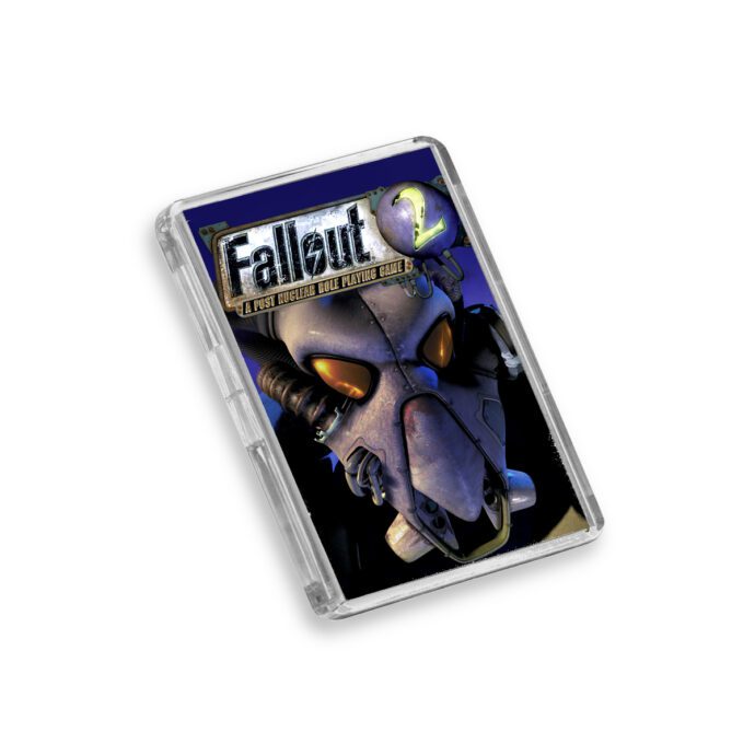 Fallout 2 fridge magnet on a white background