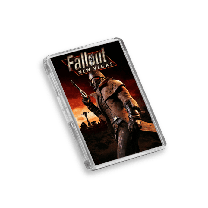 Fallout New Vegas fridge magnet on a white background