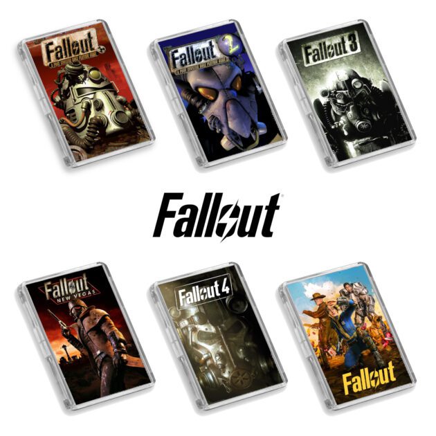 Set of Fallout fridge magnets with a black Fallout logo on a white background