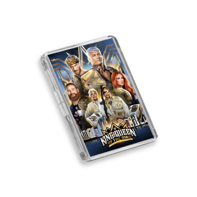 Plastic WWE King of the Ring 2024 fridge magnet on white background