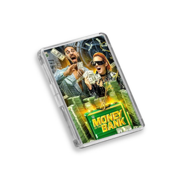 Plastic WWE Money in the Bank 2022 fridge magnet on white background