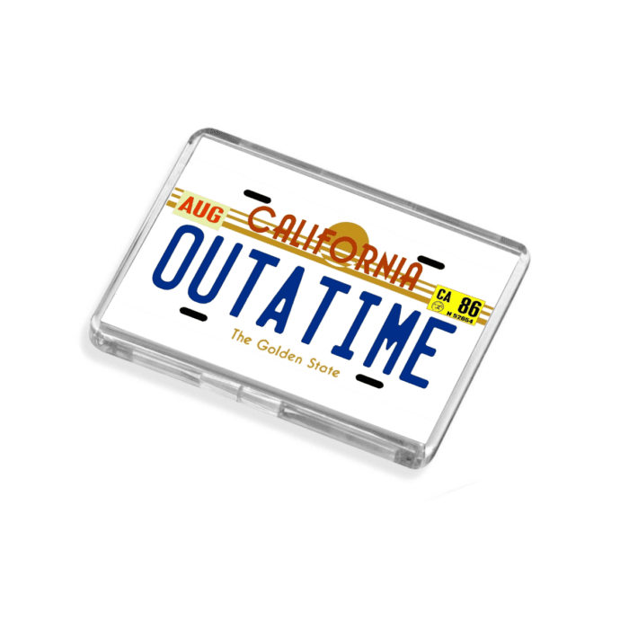 Back to the Future Outatime fridge magnet on a white background