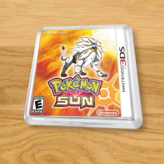 Pokemon Sun plastic coaster on a wood table