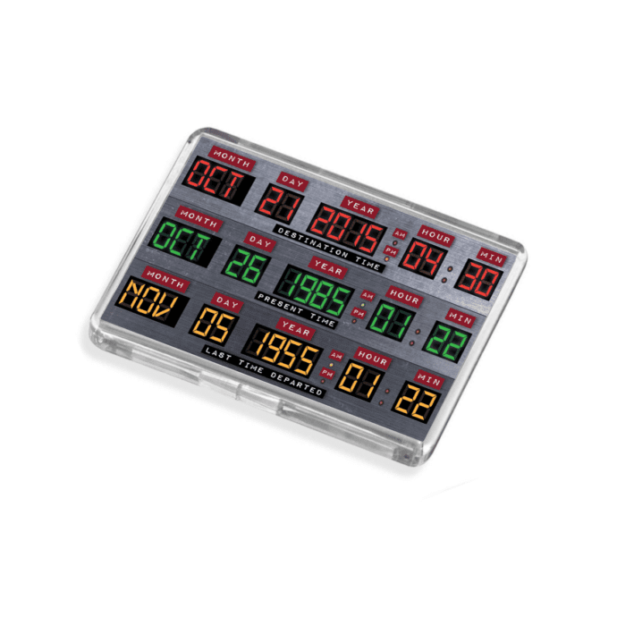 Back to the Future Time Circuits fridge magnet on a white background