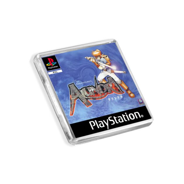 Plastic Alundra PS1 fridge magnet on a white background