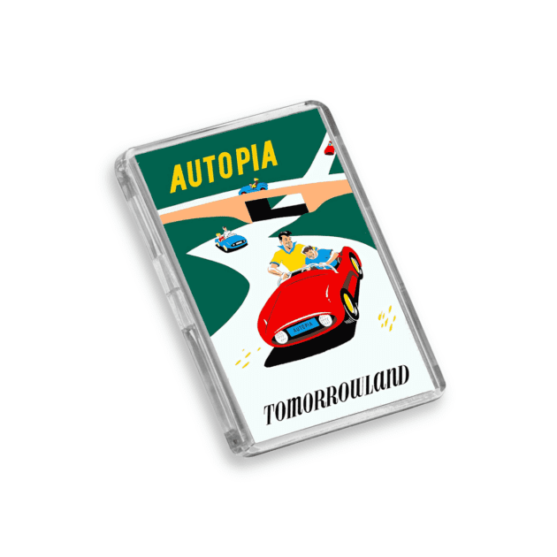 Plastic Autopia Disney World fridge magnet on a white background