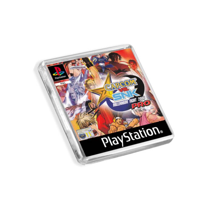 Plastic Capcom vs SNK PS1 fridge magnet on a white background