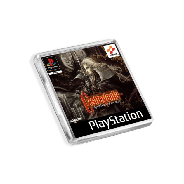 Plastic Castlevania Symphony of the Night PS1 fridge magnet on a white background