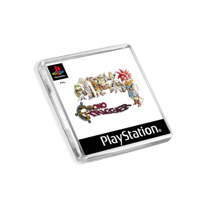 Plastic Chrono Trigger PS1 fridge magnet on a white background