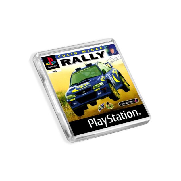 Plastic Colin McRae Rally PS1 fridge magnet on a white background