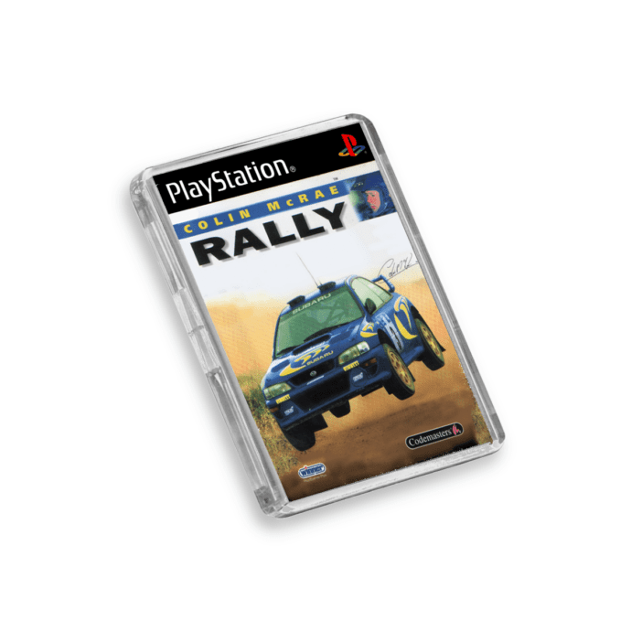 Plastic Colin McRae Rally PS1 fridge magnet on a white background