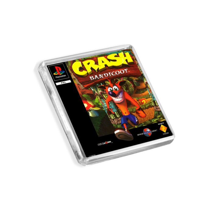 Plastic Crash Bandicoot PS1 fridge magnet on a white background