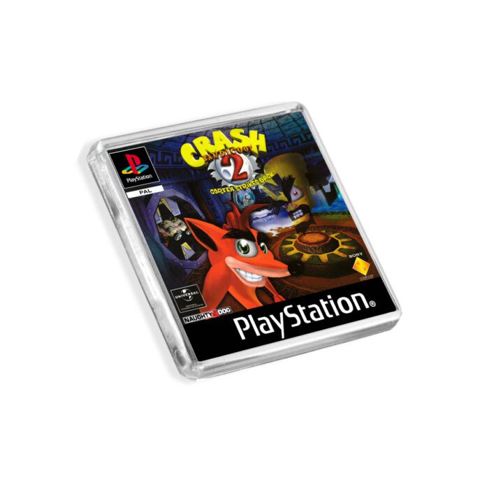 Plastic Crash Bandicoot 2 PS1 fridge magnet on a white background