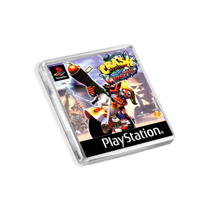 Plastic Crash Bandicoot 3 PS1 fridge magnet on a white background