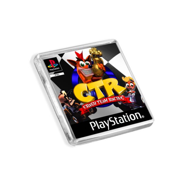 Plastic Crash Team Racing PS1 fridge magnet on a white background