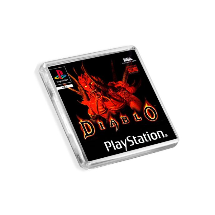 Plastic Diablo PS1 fridge magnet on a white background