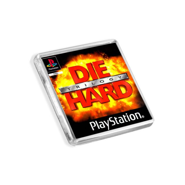 Plastic Die Hard Trilogy PS1 fridge magnet on a white background