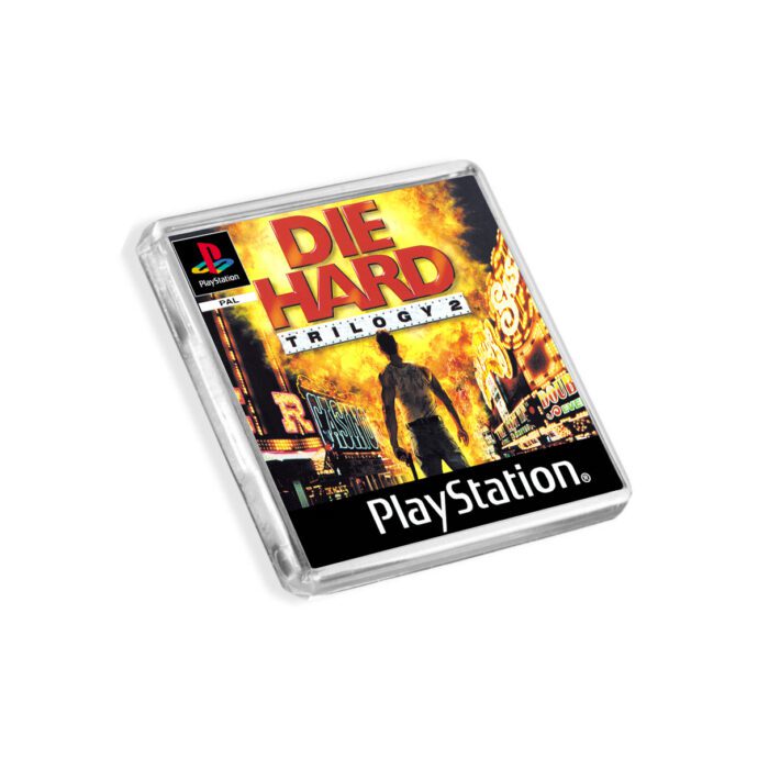 Plastic Die Hard Trilogy 2 PS1 fridge magnet on a white background