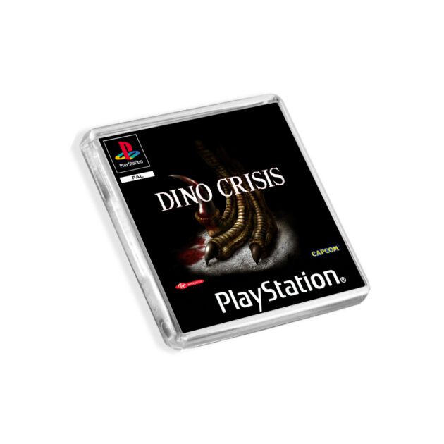 Plastic Dino Crisis PS1 fridge magnet on a white background