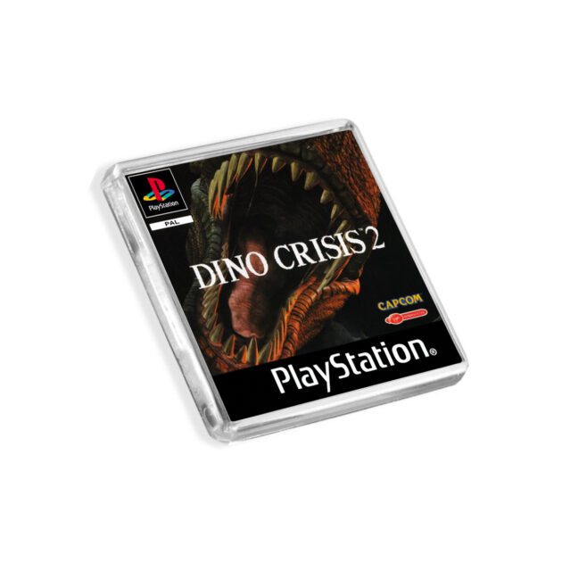 Plastic Dino Crisis 2 PS1 fridge magnet on a white background