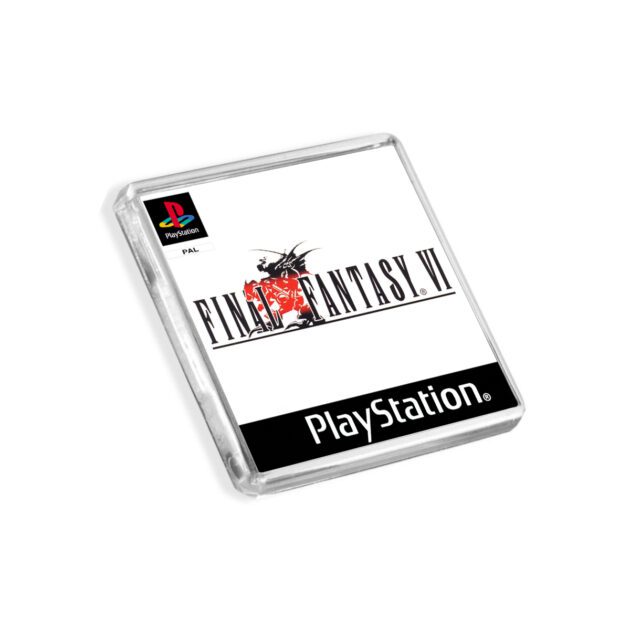 Plastic Final Fantasy 6 PS1 fridge magnet on a white background