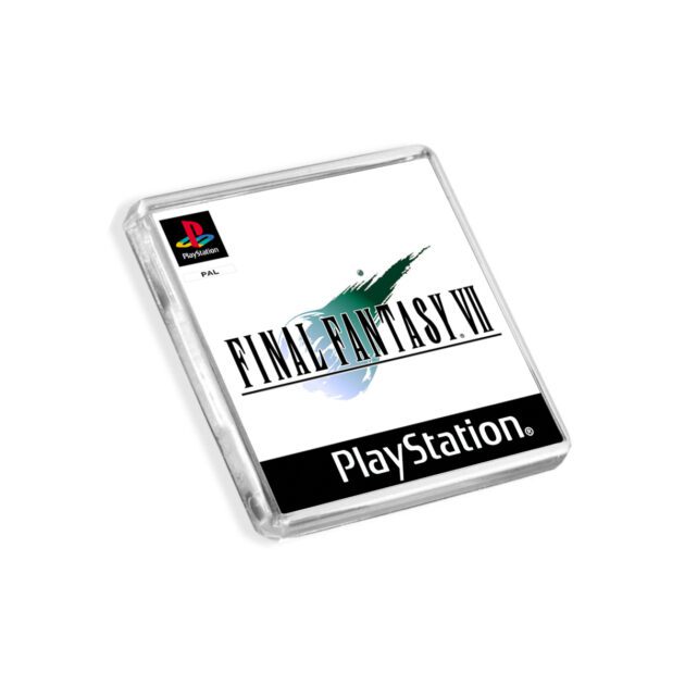 Plastic Final Fantasy 7 PS1 fridge magnet on a white background