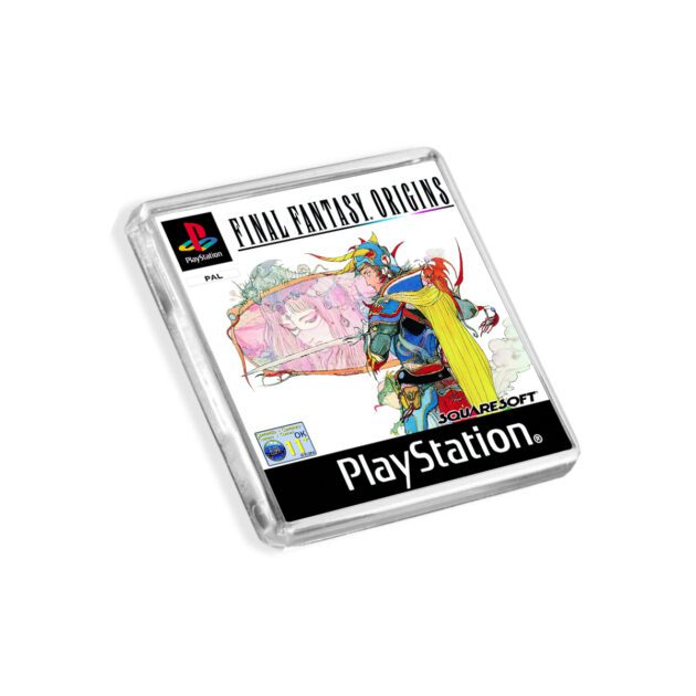 Plastic Final Fantasy Origins PS1 fridge magnet on a white background