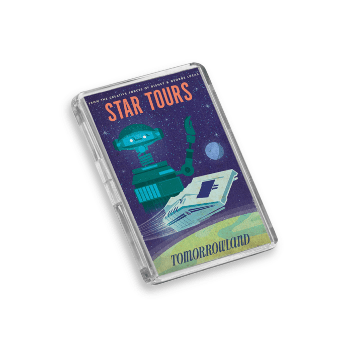 Plastic Star Tours Disney World fridge magnet on a white background