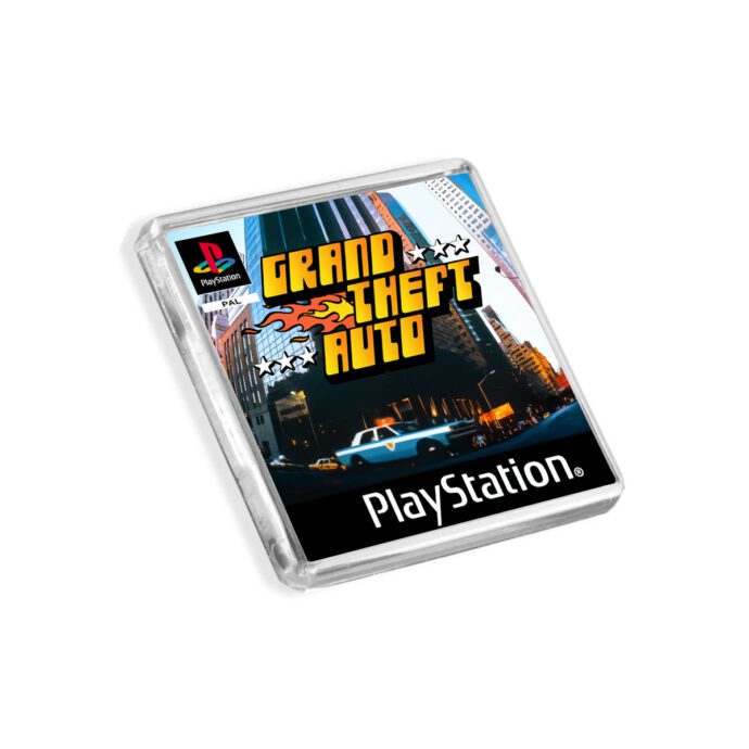 Plastic Grand Theft Auto PS1 fridge magnet on a white background