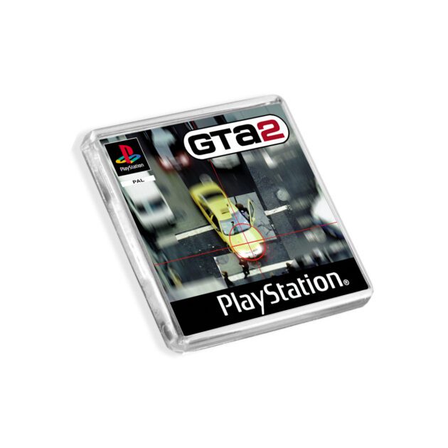 Plastic GTA 2 PS1 fridge magnet on a white background