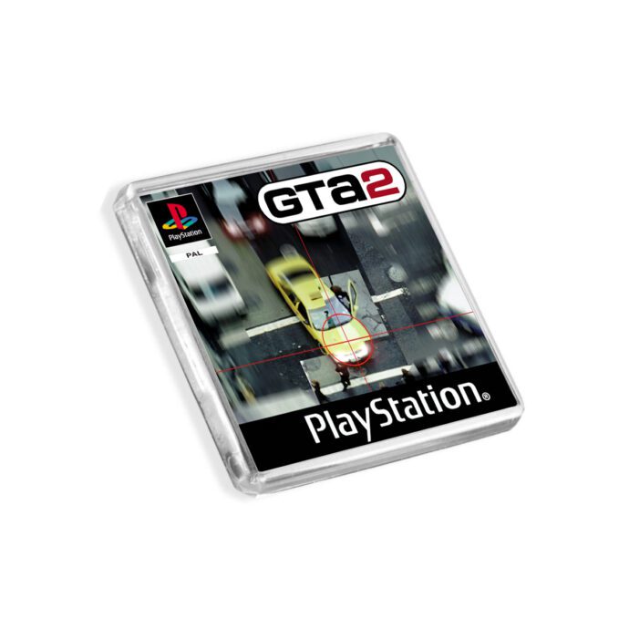 Plastic GTA 2 PS1 fridge magnet on a white background