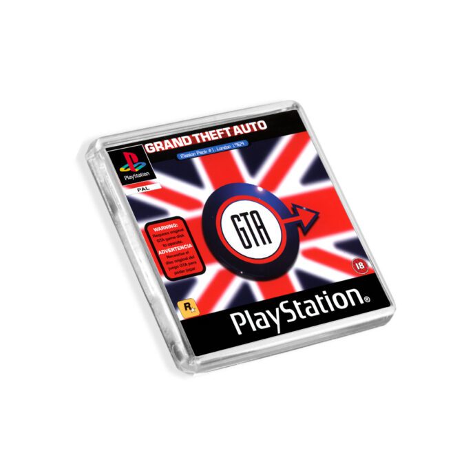 Plastic Grand Theft Auto London PS1 fridge magnet on a white background