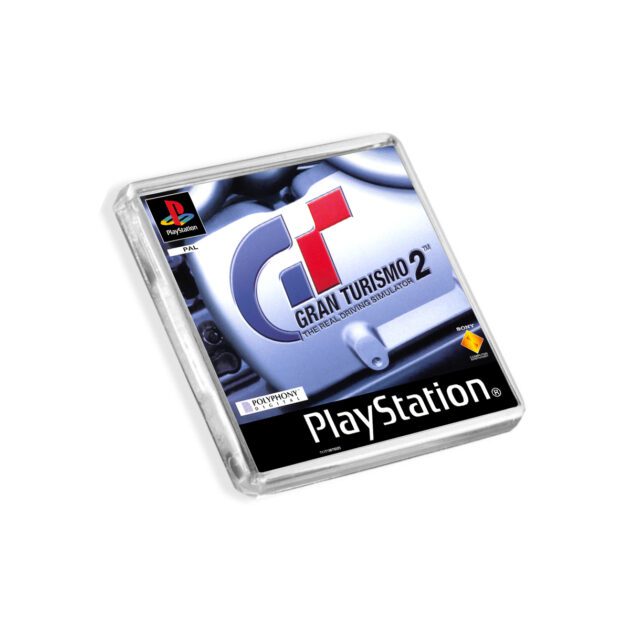 Plastic Gran Turismo 2 PS1 fridge magnet on a white background