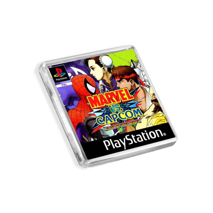 Plastic Marvel vs Capcom PS1 fridge magnet on a white background