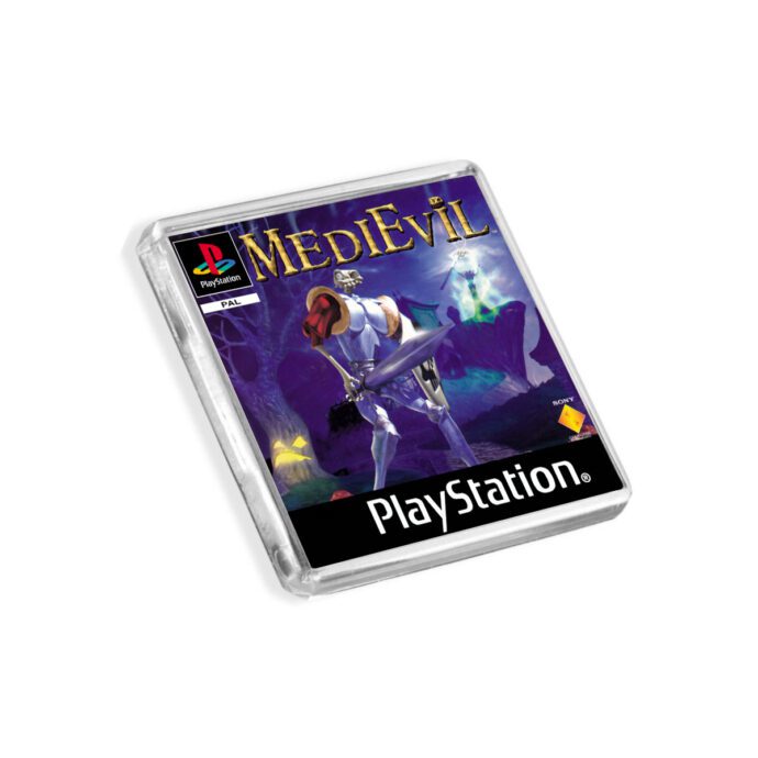 Plastic MediEvil PS1 fridge magnet on a white background