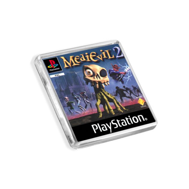 Plastic MediEvil 2 PS1 fridge magnet on a white background