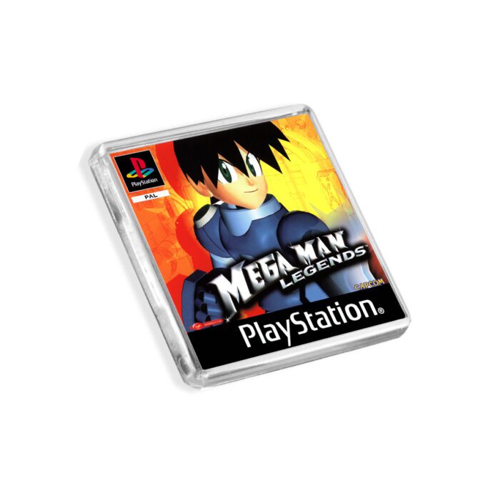 Plastic Mega Man Legends PS1 fridge magnet on a white background