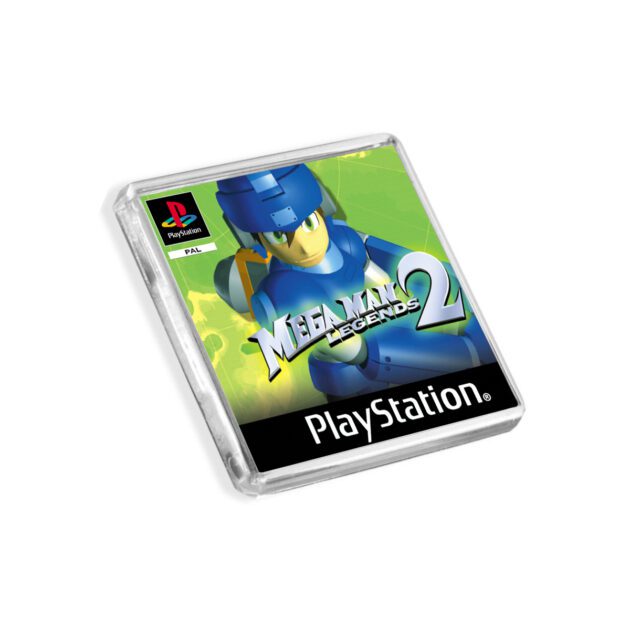 Plastic Mega Man Legends 2 PS1 fridge magnet on a white background