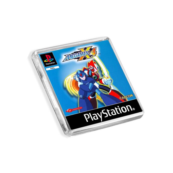 Plastic Mega Man X4 PS1 fridge magnet on a white background