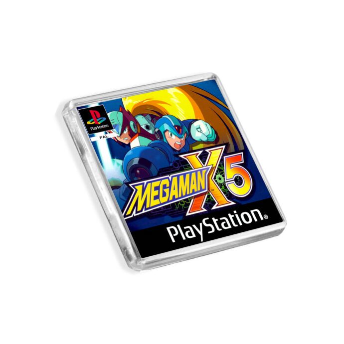 Plastic Mega Man X5 PS1 fridge magnet on a white background