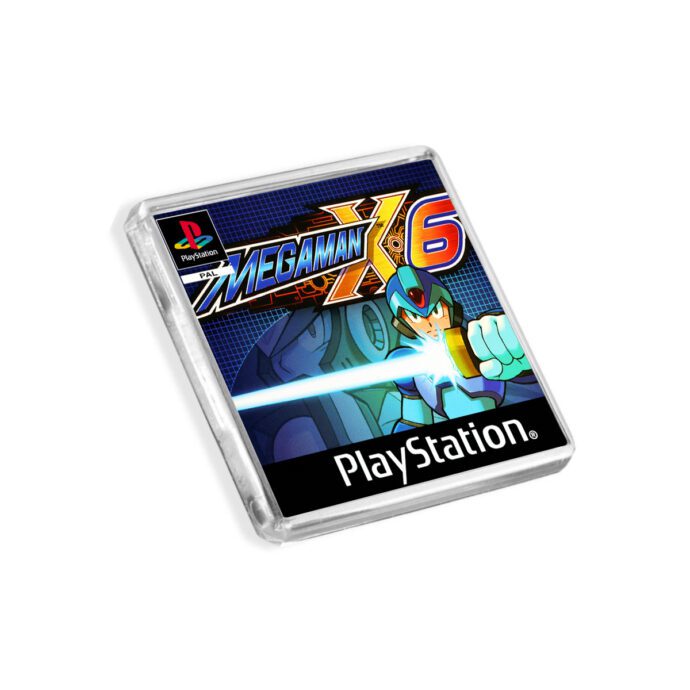 Plastic Mega Man X6 PS1 fridge magnet on a white background