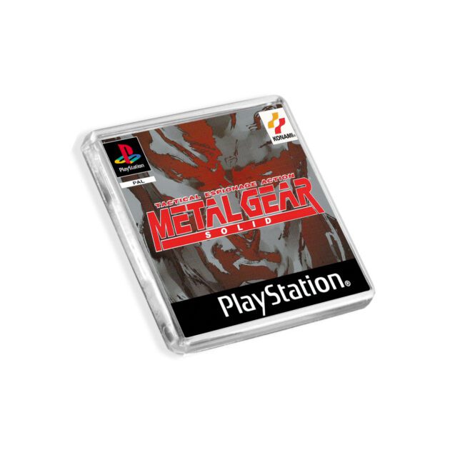 Plastic Metal Gear Solid PS1 fridge magnet on a white background