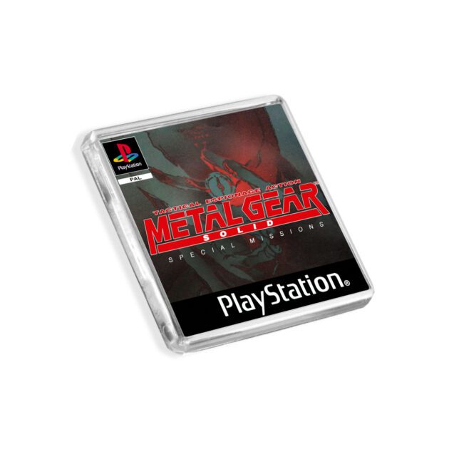 Plastic Metal Gear Solid VR PS1 fridge magnet on a white background